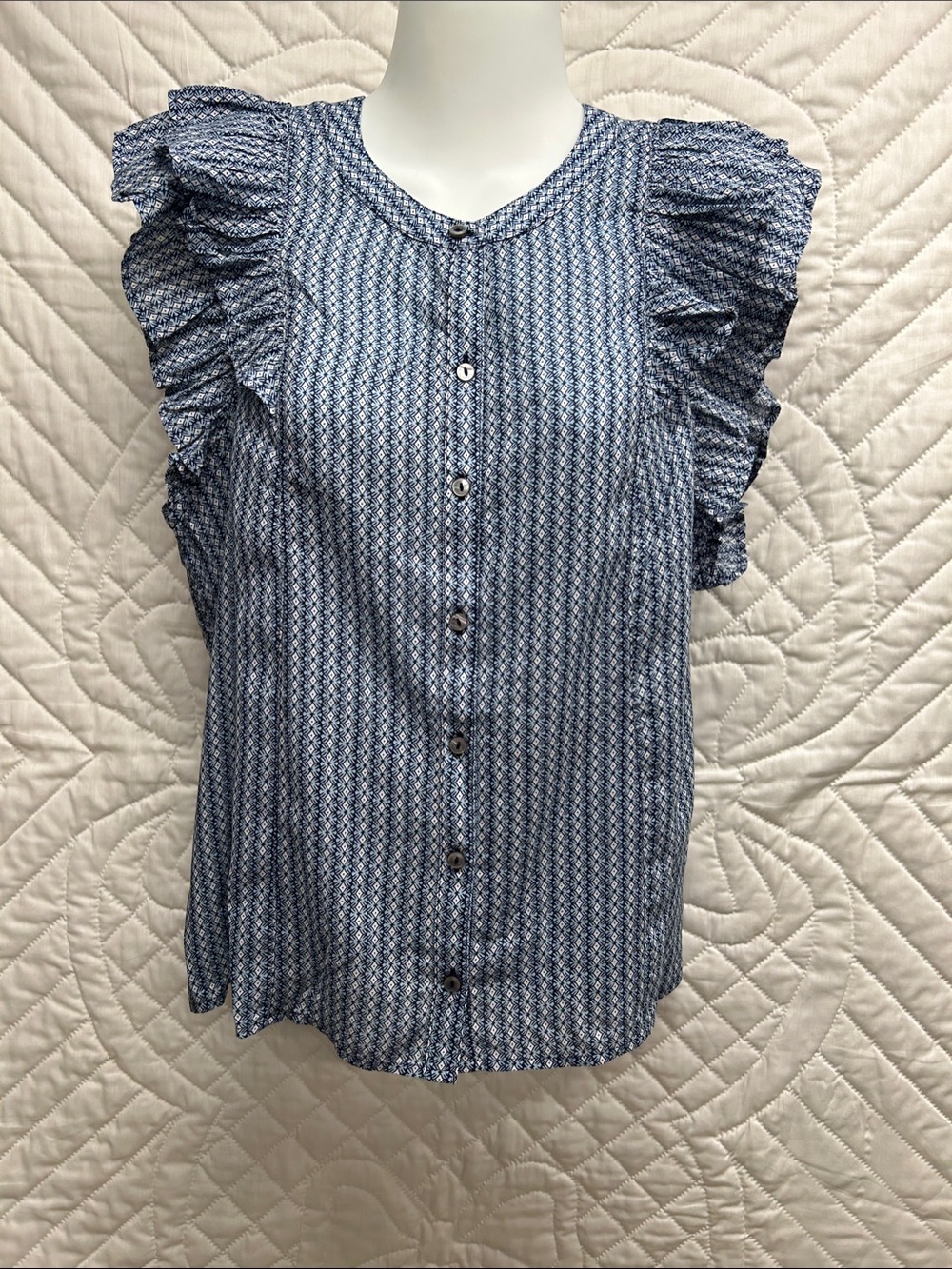 Vineyard Vines Blue Printed Ruffle-Sleeve Button Top